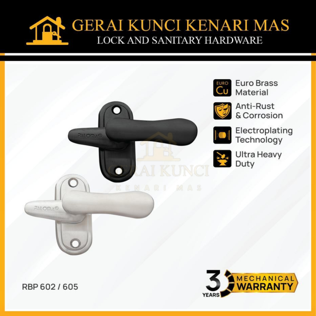 PALOMA RBP 605 602 Rambuncis Slot Kunci Pengaman Jendela Grendel Brass Kuningan Hitam Stainless