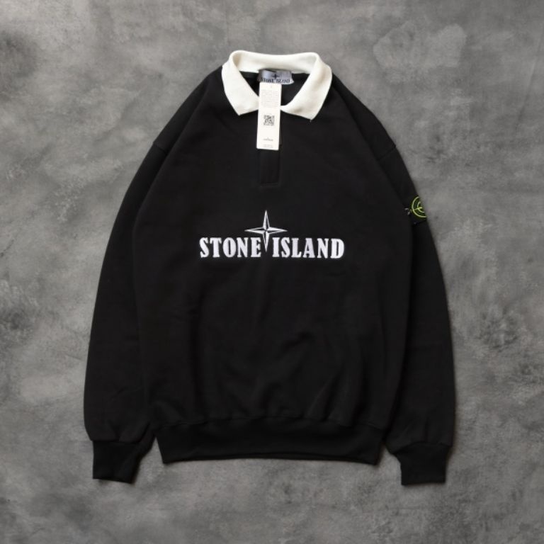 KODE H75U Rugby Jaket Sweater Stone Island Clasicc Hitam Fulltag Label