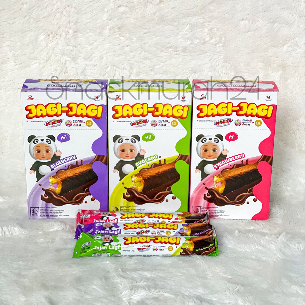 

MOMOGI Jagi Jagi Snack Jajan Lagi ( Rans Nusantara ) 1 Box isi 10 PCS @20 Gram Rasa Stroberi Blueberry Avocado