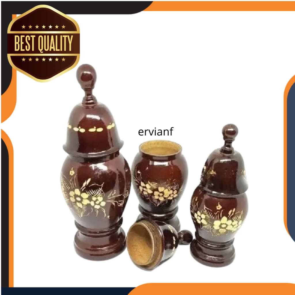 Hiasan meja kayu jati / vas bunga guci kayu jati asli 1 set isi 3pcs