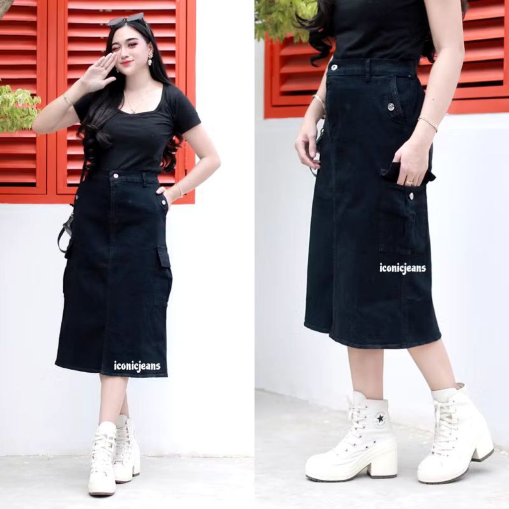 Rok Jeans Wanita | keiko jeans cargo pinggang karet belah depan | bawahan