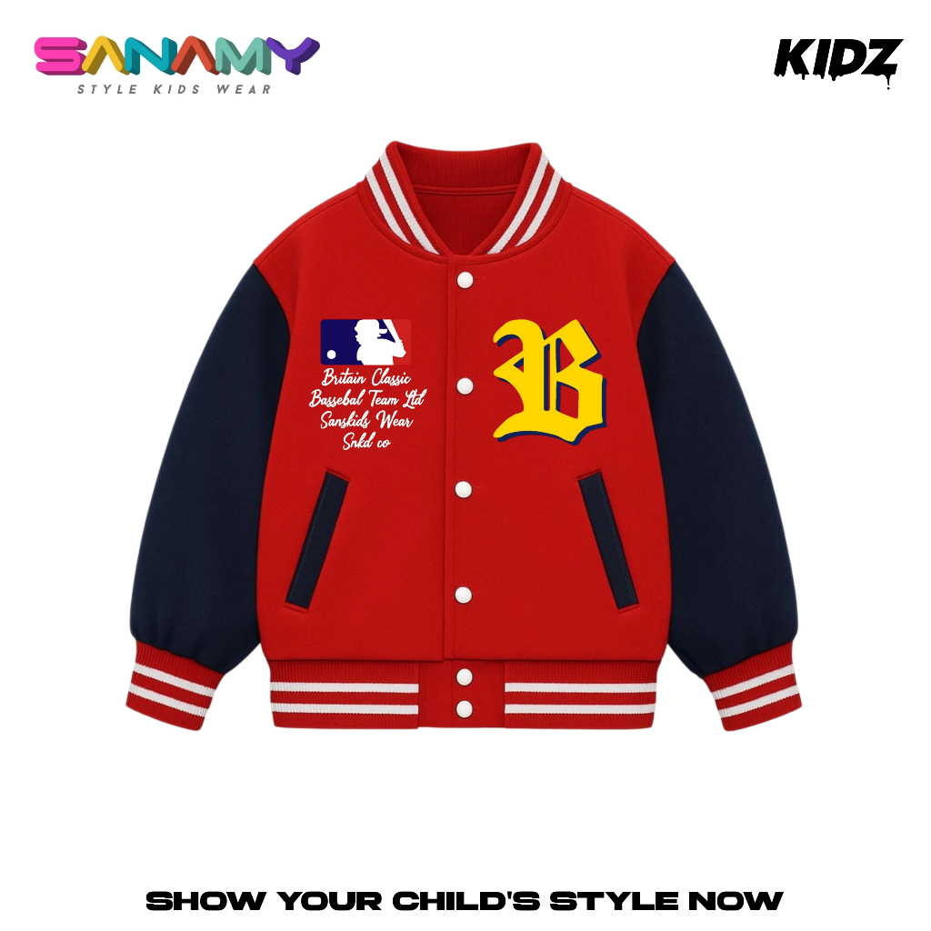 Sanamy Jaket Baseball Varsity Anak Laki Laki Britain Usia 5-12 Tahun Unisex Initial B