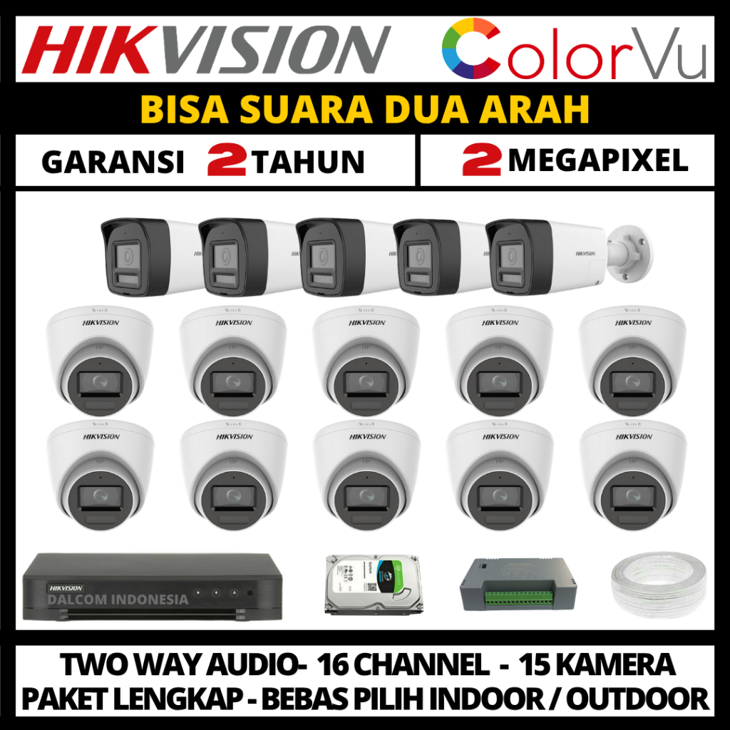 Paket cctv hikvision colorvu 2mp 16 channel 15 kamera two way audio paket cctv lengkap