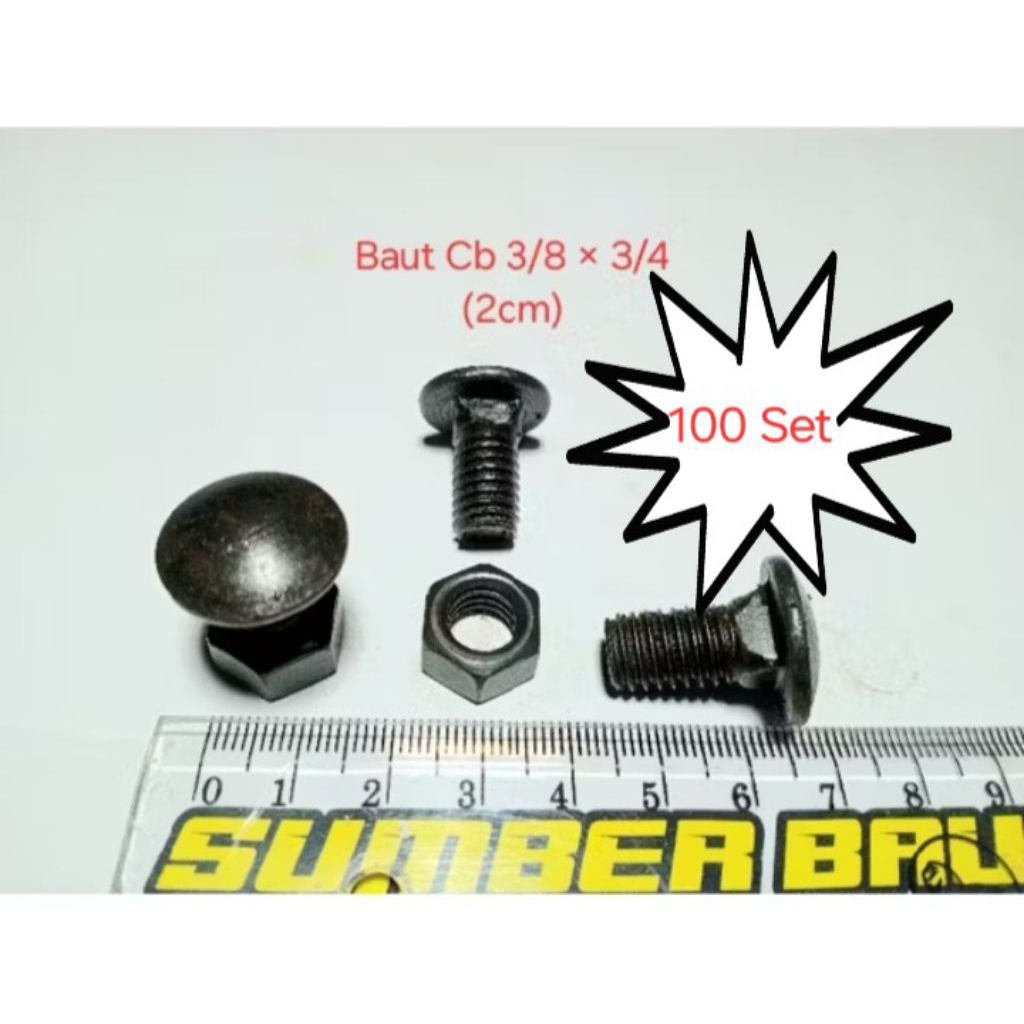 100 SET Baut Cb 3/8 2cm kunci 14 / pagar / payung / bak truk / bumper mobil / carried bolt