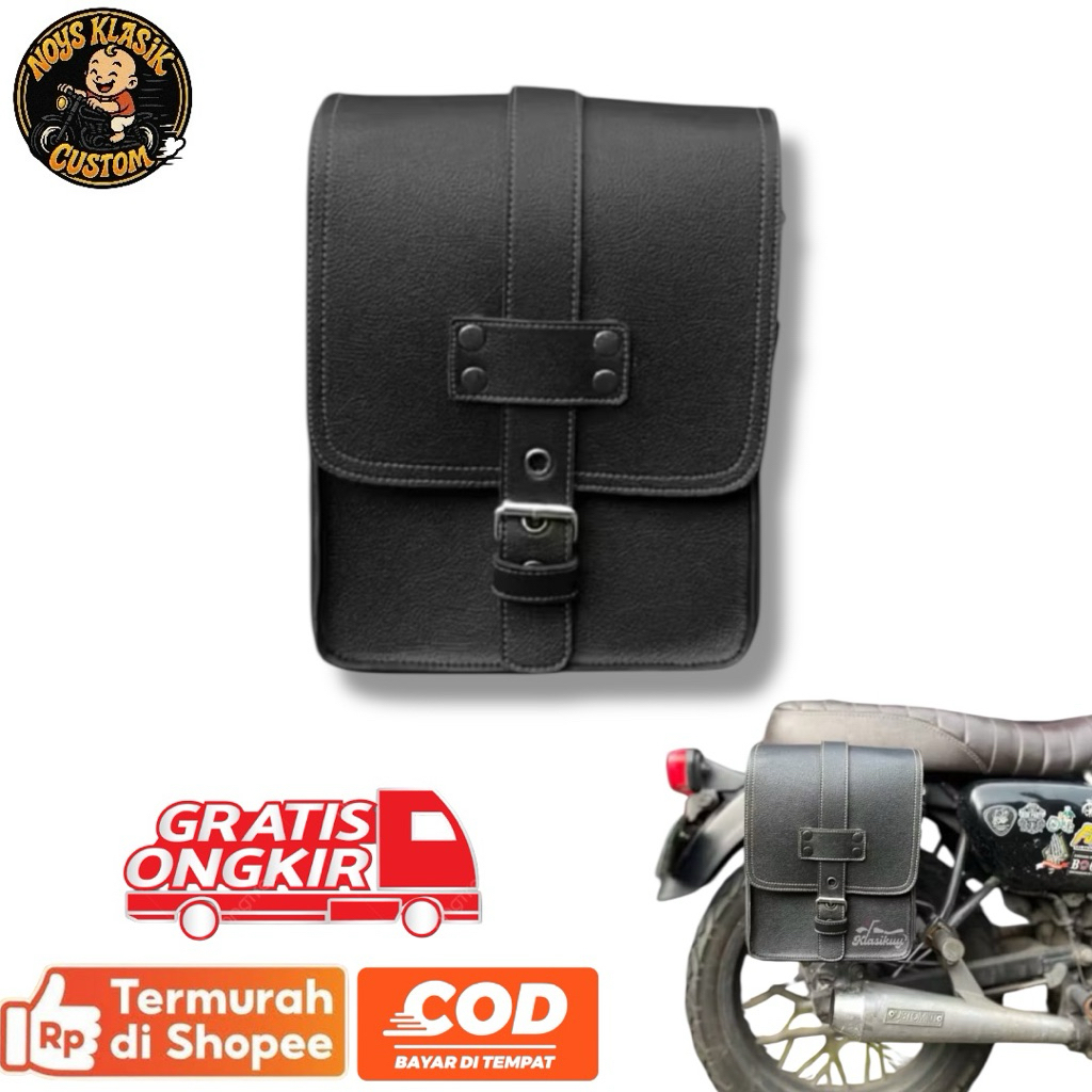 Tas motor side bag samping motor klasik custom kulit waterproof tutup box aki japstyle bobber choppe