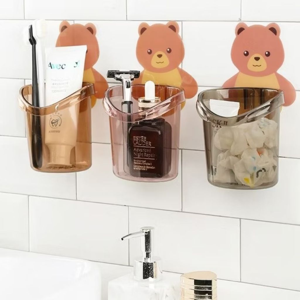 Tempat Sikat Gigi Odol Karakter Beruang / Gantungan Tempel Dinding / Rak Gantung Kamar Mandi / Holde