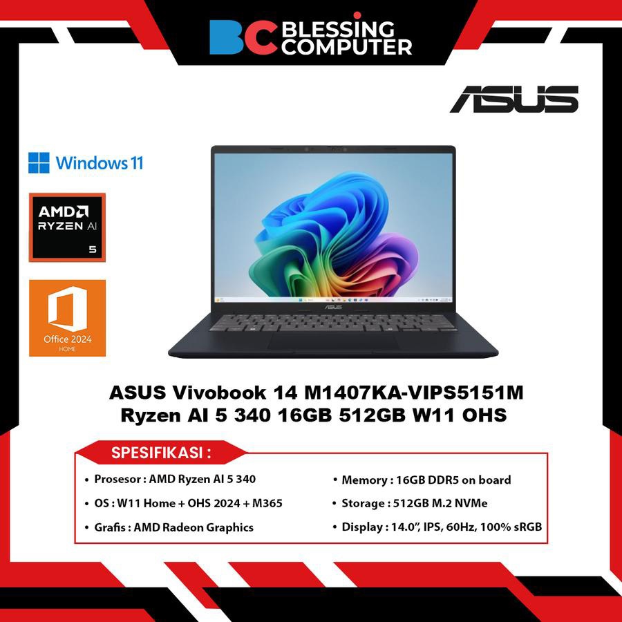 ASUS Vivobook 14 M1407KA VIPS5151M Ryzen AI 5 340 16GB 512GB W11 OHS Quiet Blue