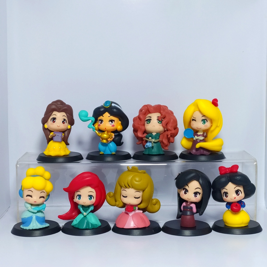 FIGURE CHIBI PRINCESS TOPPER KUE ULANG TAHUN FIGUR BAHAN KARET PADAT ARIEL AURORA RAPUNZEL MERIDA BE