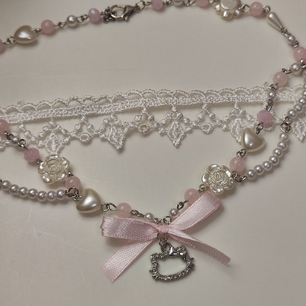 Y2K Angelic Necklace Rose Mawar Mutiara Pink Ribbon Pita Cute Aesthetic Coquette Necklace Kalung Cho