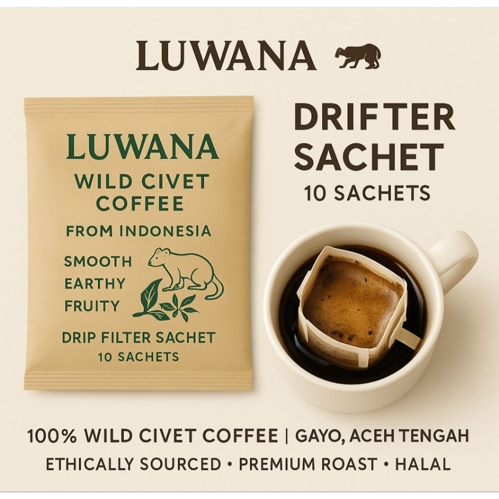

LUWANA Wild Civet Coffee – Drip Filter Sachet Isi 10 | Kopi Luwak Gayo - Siap Seduh