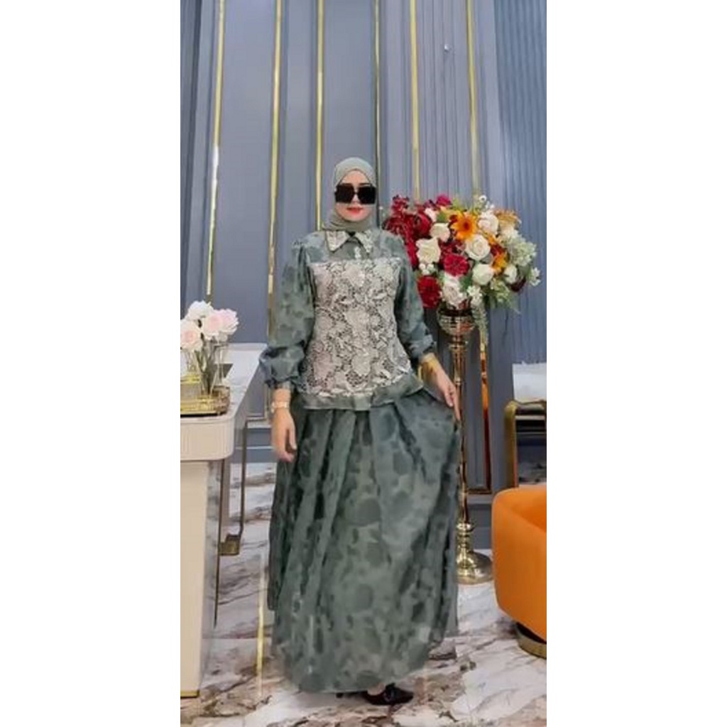 Gamis Turki - Wanita Muslim Dewasa Mewah Hijau Abu-abu Elegan - Model 18