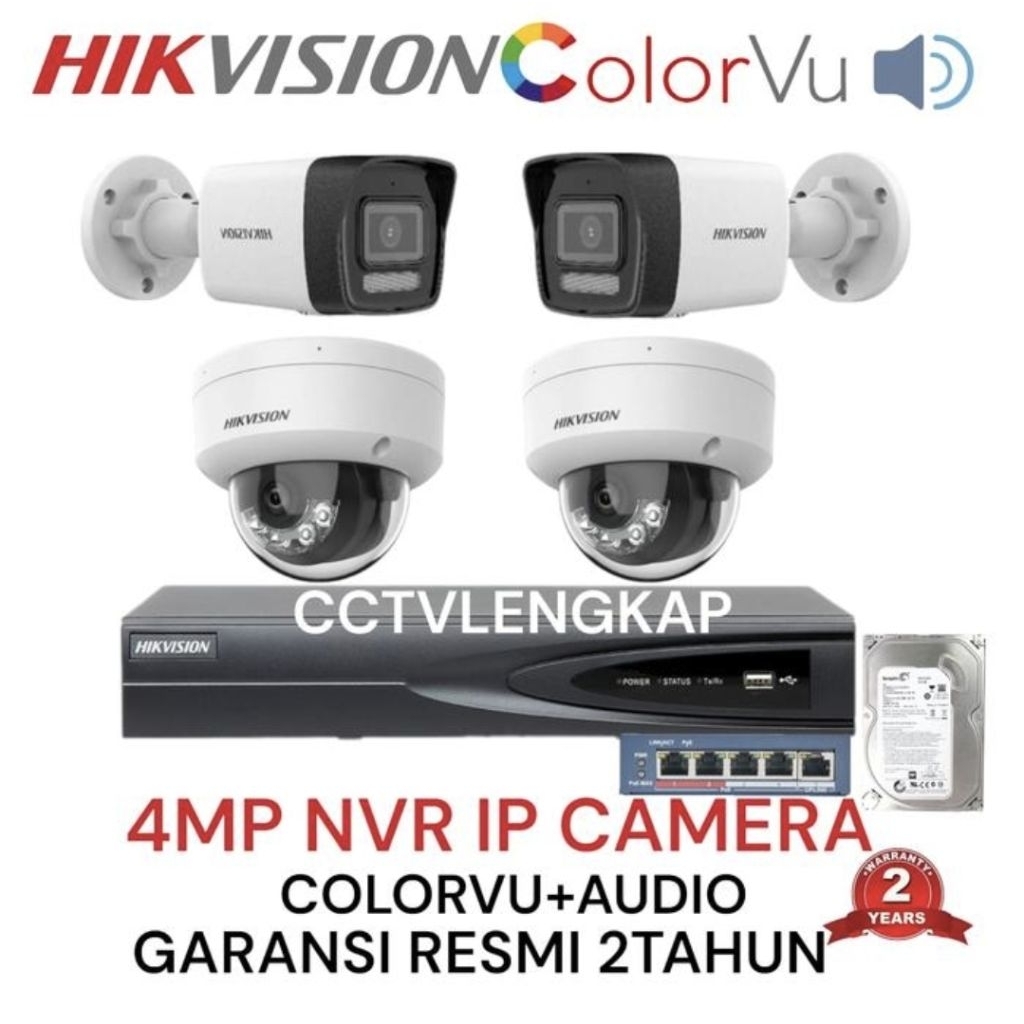 PAKET CCTV IP CAMERA HIKVISION 4 CHANNEL 4 CAMERA 4MP AUDIO COLORVU