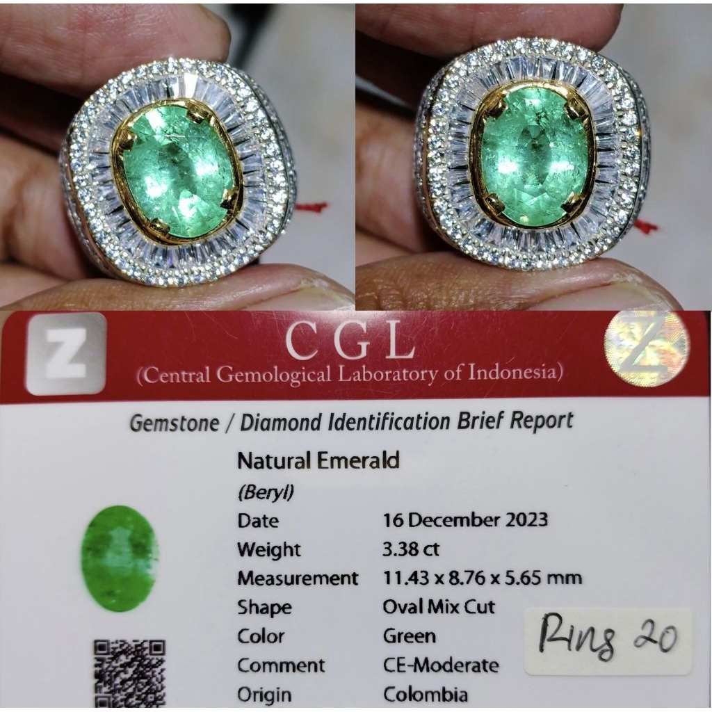 Batu cincin 3.38ct natural emerald jamrud colombia