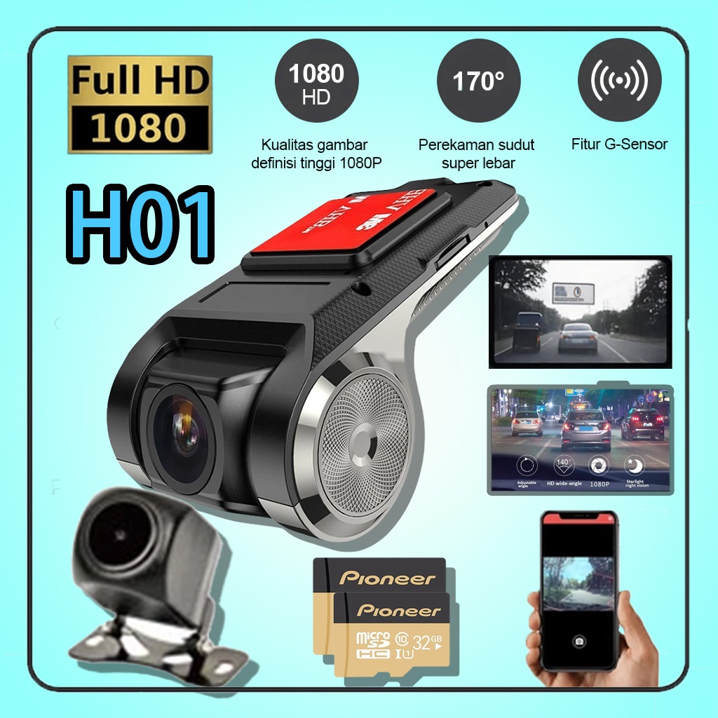 Dashcam【Lokal Stok】H01 Full HD tautan wifi Dashcam Night Vision, Kamera Parkir Mobil Dengan Navigasi