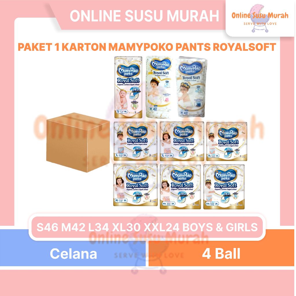 MAMYPOKO ROYAL SOFT PANTS PAKET 4 BALL 1 KARTON S 46 M 42 L 34 XL 30 XXL 24 BOY GIRL COTTON PPKS