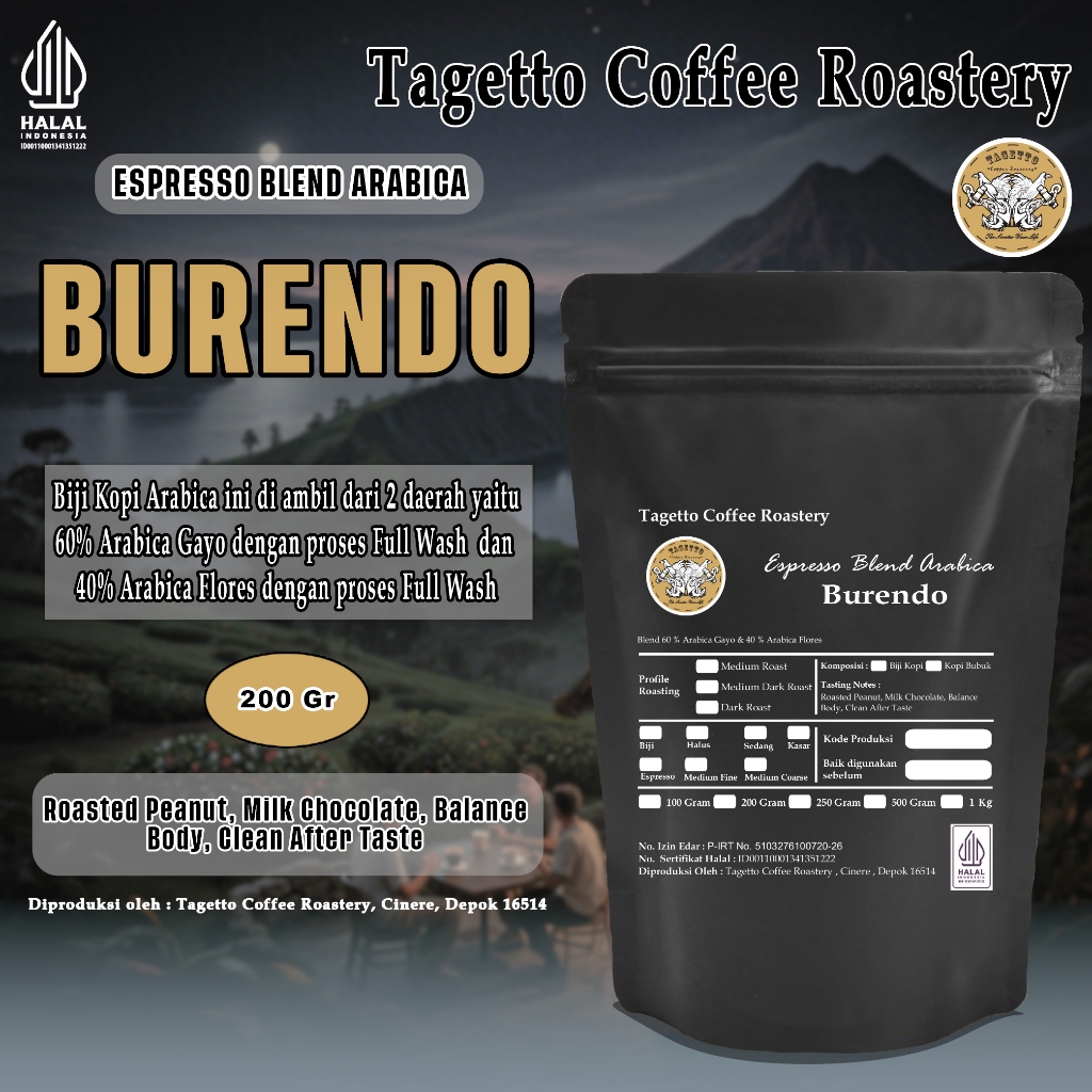 

BIJI KOPI ESPRESSO BLEND BURENDO 200GR 100% ARABIKA | ARABICA BEAN GROUND BUBUK 200 GRAM TAGETTO COFFEE