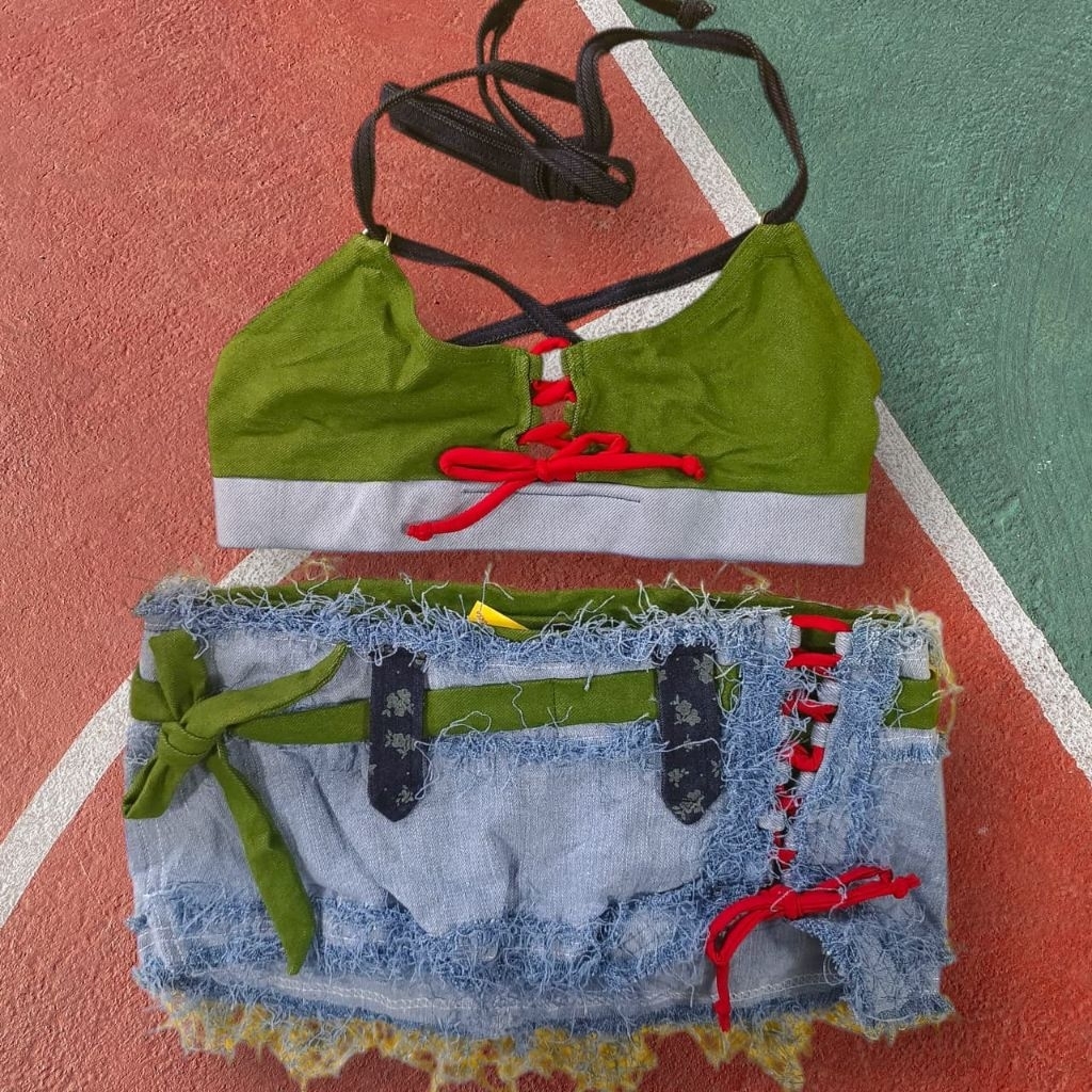 Setelan Rok Mini BARU Jeans Belel Bra Spandex Olahraga Fitness Gym STL-03