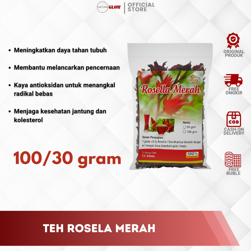 

TEH ROSELLA MERAH ABBAS – teh herbal rosella merah kering | kaya antioksidan | bantu turunkan tekanan darah & kolesterol | isi 100 gram & 30 gram | original 100% | halal | aman dikonsumsi setiap hari