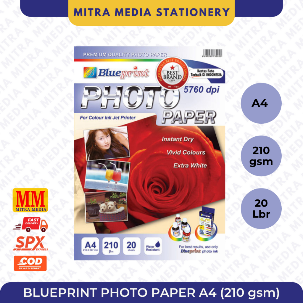 KERTAS FOTO BLUEPRINT 210 GSM GLOSSY A4 / PAPER PHOTO 210 GSM / KERTAS FOTO TAHAN AIR