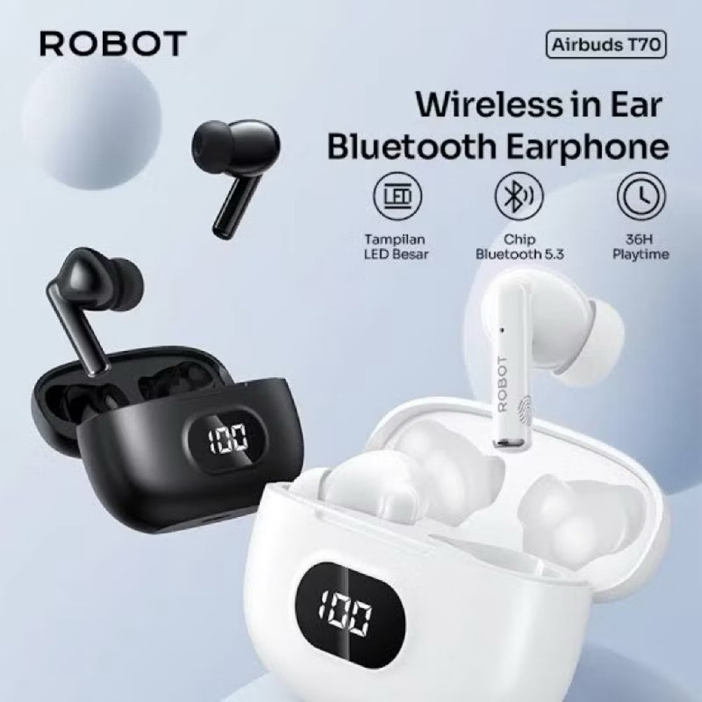ROBOT TWS WIRELESS EARPHONE AIRBUDS T70 ORIGINAL TWS DEEP BASS BLUETOOTH