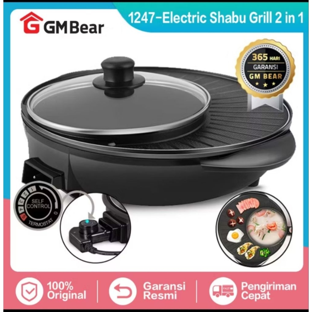 Preloved GM Bear Alat Pemanggang Daging dan Hotpot 2in1 1247 - Denki Steamboat BBQ Grill Pan
