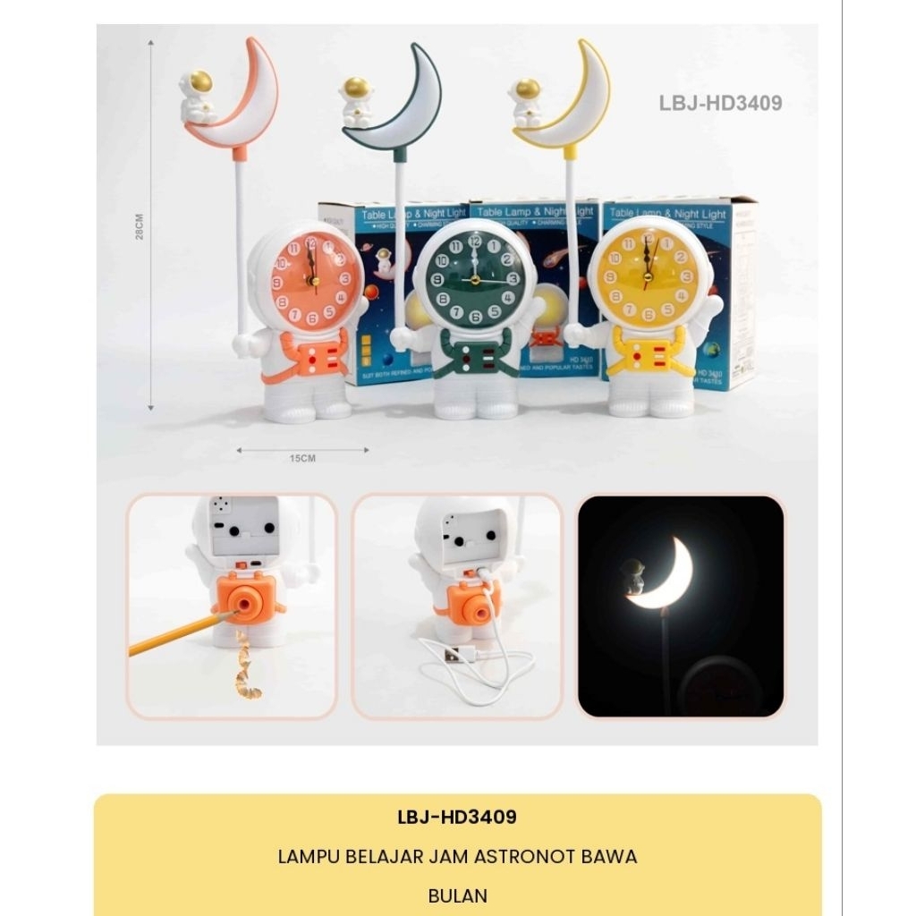 Lampu belajar jam astronot bawa bulan/lampu belajar anak/lampu belajar lucu