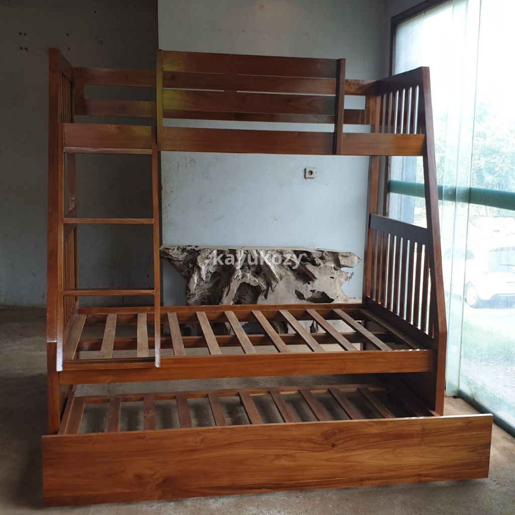 Kayukozy - Ranjang Tingkat Kayu Jati Minimalis | Tempat Tidur Susun Anak Dewasa | Dipan Jati Jepara
