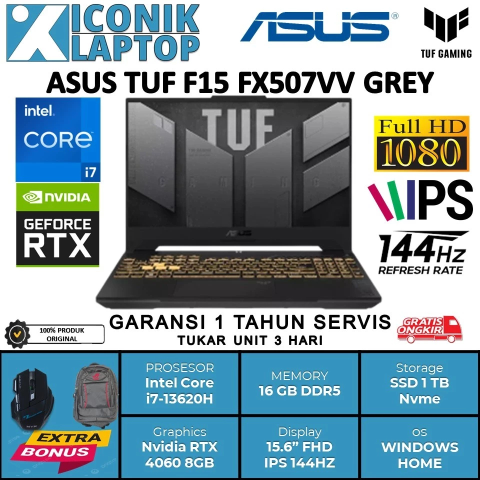 Laptop Asus TUF F15 Intel Core i7 13620H Nvidia RTX 4060 8GB Ram 32 GB Ssd 2 TB Nvme Baru