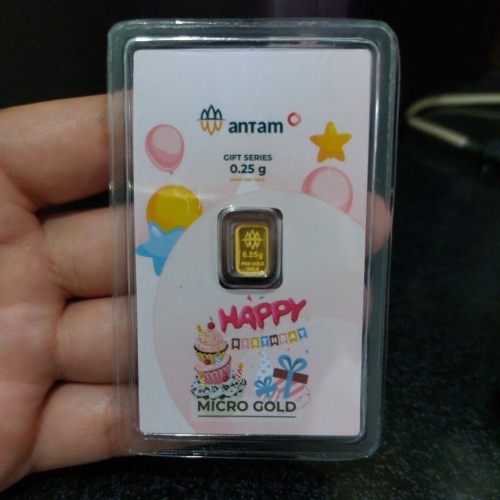 KADO ULANG TAHUN MICRO GOLD EMAS ANTAM HARTADINATA 0.25 GRAM UCAPAN HAPPY BIRTHDAY GAMBAR KUE PINK H