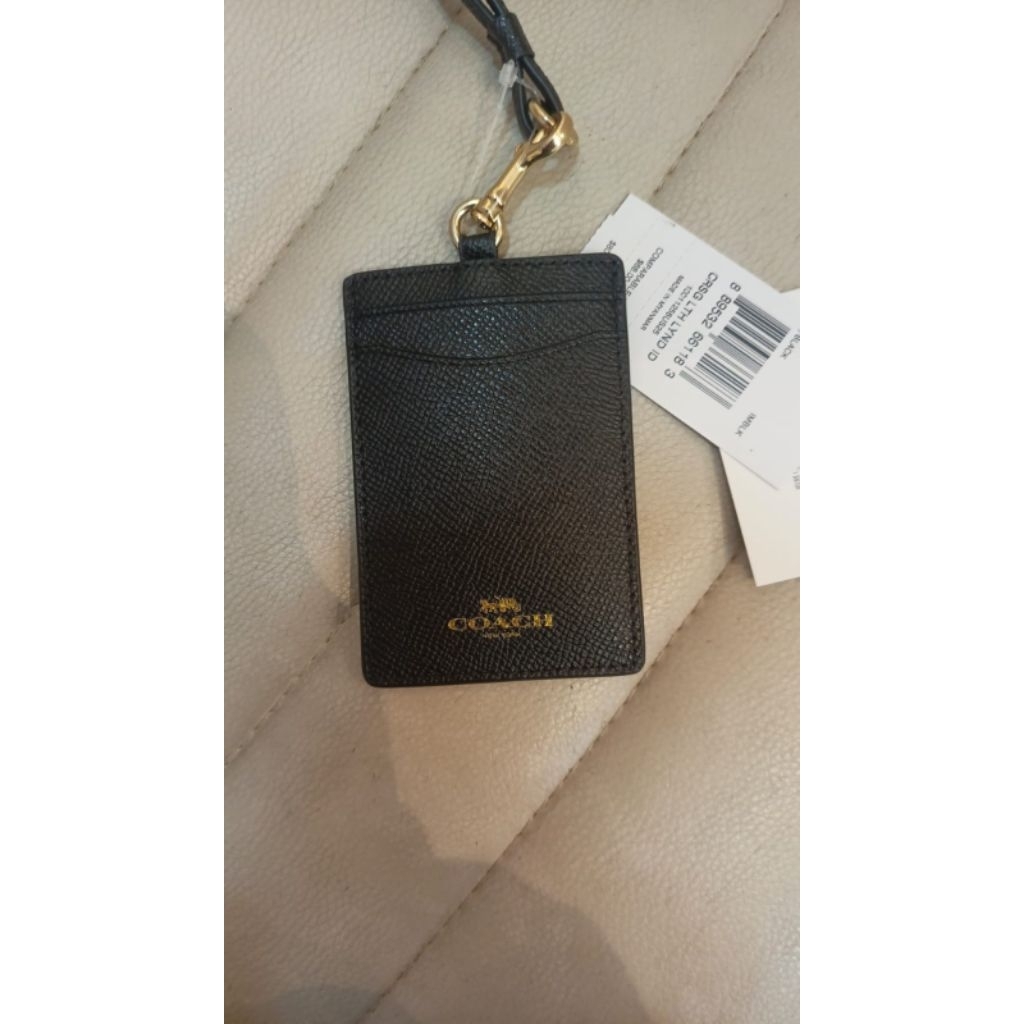

COACH PVC ID Lanyard Black Crossgrain Leather AUTHENTIC USA