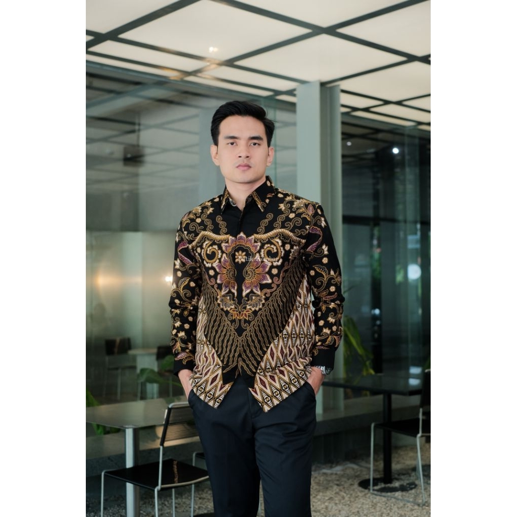 LENGAN PANJANG REGULER Motif Sekar Hitam Baju Batik Pria Kain Katun Lapisan Furing Baju Kantor Baju 