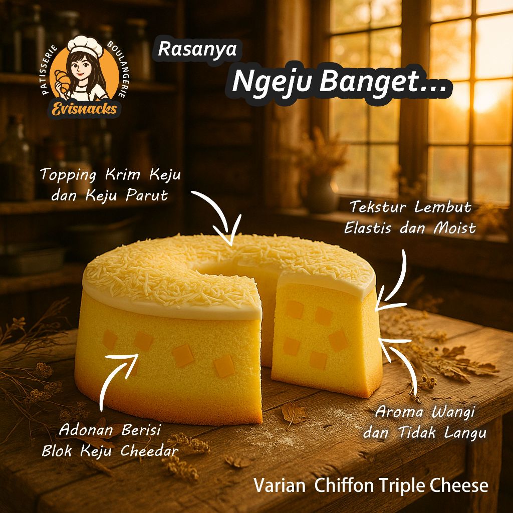 

Evisnacks - Sponge Cake Keju Istimewa Lembut Moist Wangi dengan Keju Parut & Krim Keju Bikin Nagih