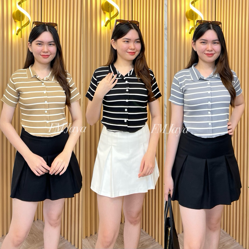 ATASAN RIB KNIT SALUR WANITA 1754 || KAOS WANITA KERAH GARIS || KAOS CROP SALUR || KAOS RAJUT GARIS 