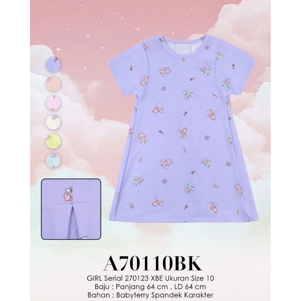 70110BK Lemone daster anak dress kaos babyterry motif