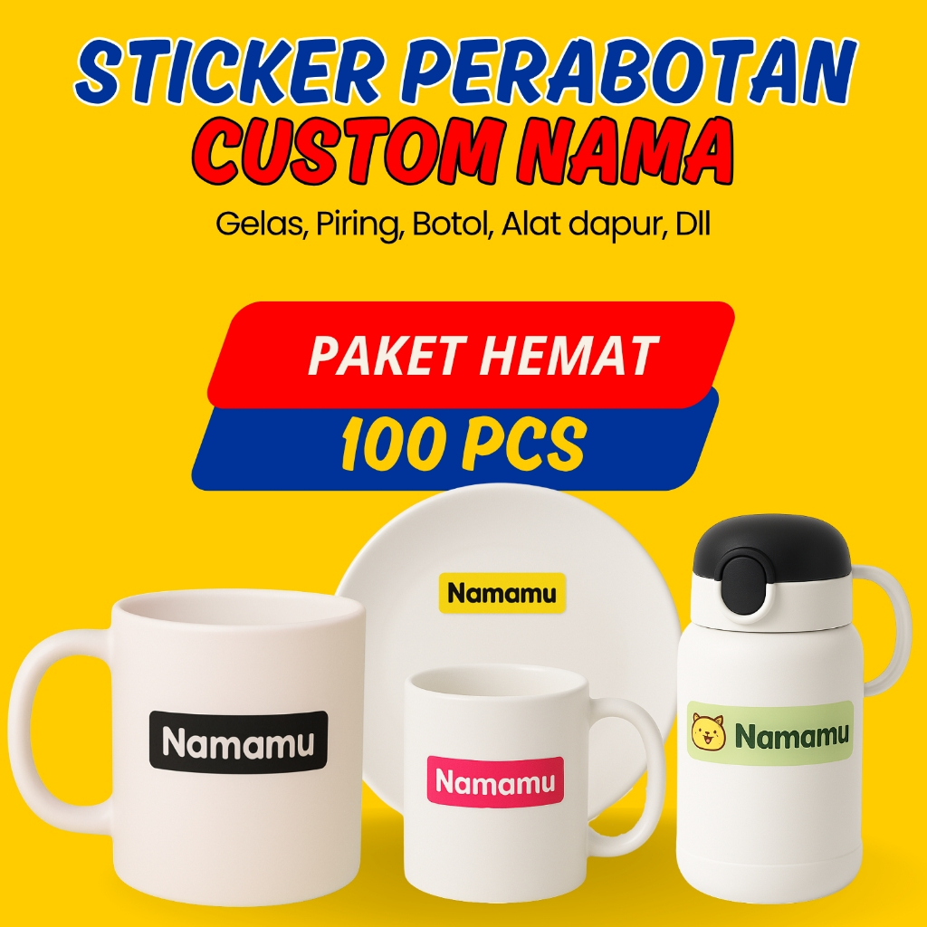 

Stiker Timbul 100 PCS Custom Nama Piring Sendok Botol Gelas Perabotan waterproof label
