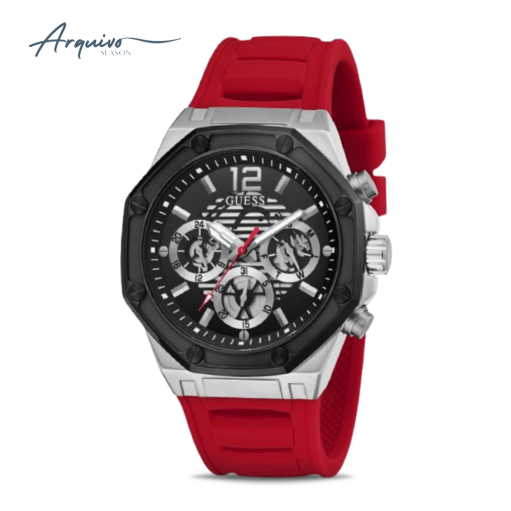 Jam Tangan Guess Pria Momentum Chronograph Red Rubber Black Sunray Dial Sporty Casual Original GW026