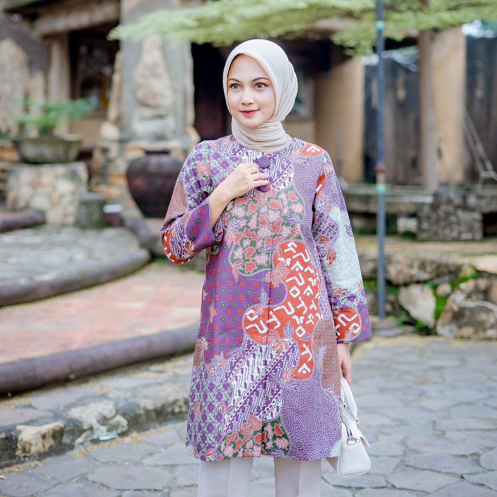 Batik Trikot Tunik Batik Makasaran Atasan Batik Kerja Wanita Batik Lapis Furing Jumbo Lengan Panjang