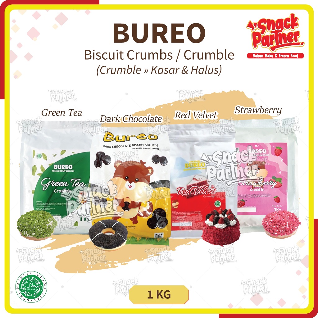 

BUREO Biscuit Crumble 1 KG - Bubuk Remahan/Remukan Biskuit Crumb Kasar & Halus - Topping Makanan Kue/Cake Roti Donat Pisang Goreng Nuget, Cookies Biskuit Ice Cream-Dark Chocolate/Coklat Red Velvet Green Tea/Matcha/Teh Hijau Strawberry/Stroberi