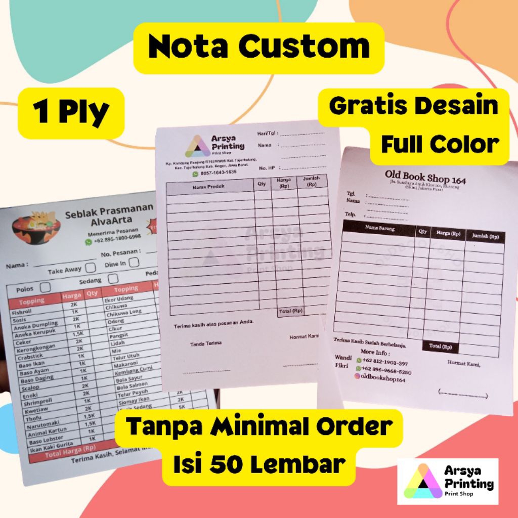 

Nota Custom 1 Ply HVS Ukuran ½ ¼ A5 A6 Gratis Desain Full Color