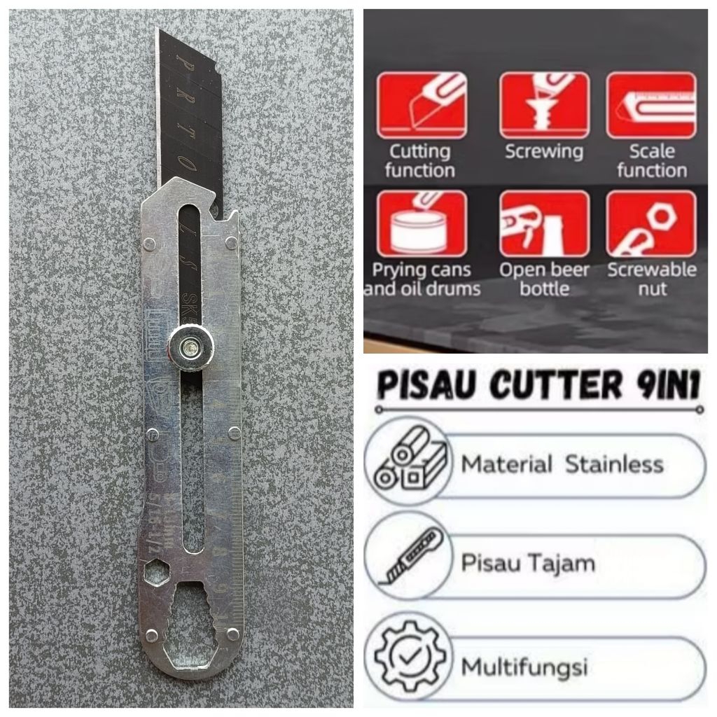 

Pisau Cutter Stainless Multifungsi 9 In 1 Penggaris Buka Botol Buka Baut