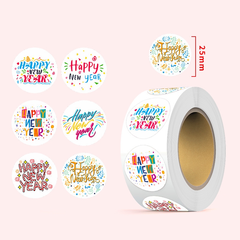 Sticker Selamat Tahun Baru Stiker Label Happy New Year Dekoratif Bundar 2,5 cm (1 roll/500 pcs)