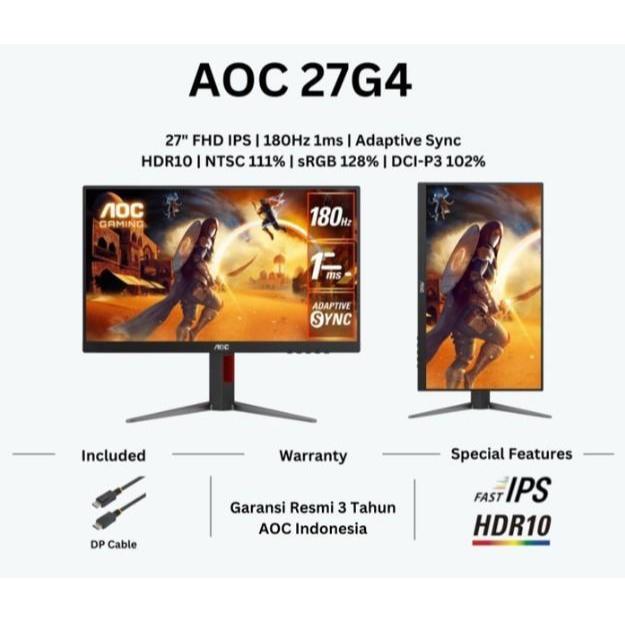 Monitor AOC 27G4 Monitor Gaming 27" IPS 180Hz 1ms Adaptive Sync HDR10 G-Sync Compatible Ergo