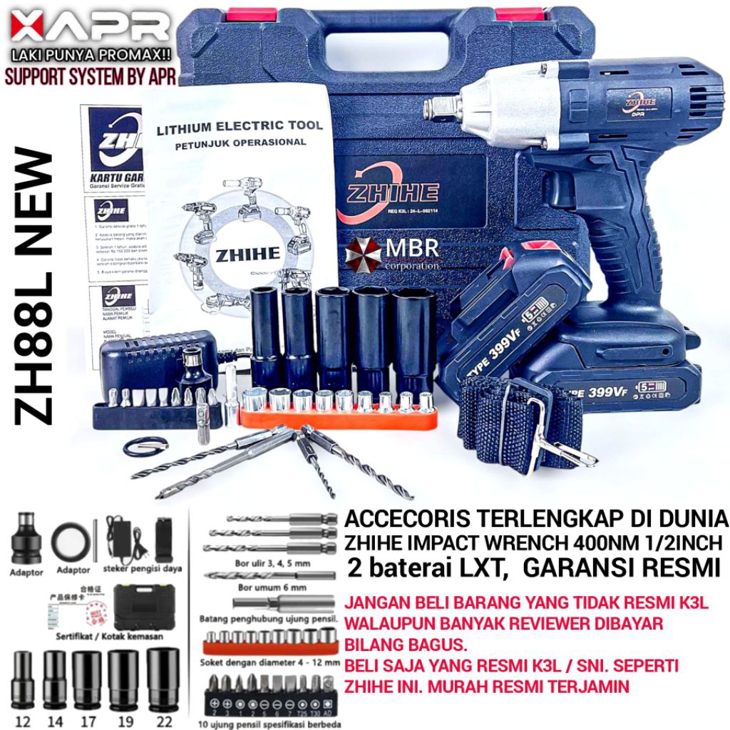 BOR IMPACT WRENCH 1/2 INCH 400NM 2 BATERAI FULLSET ACC  ZHIHE ZH88L NEW SUPPORT BY XAPR