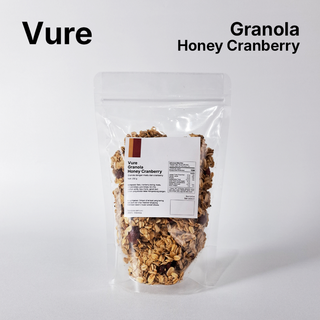 

Vure Granola Honey Cranberry (100 gr, 250 gr, 500 gr) dengan Natural Honey, Organic Coconut Sugar, Chia seed
