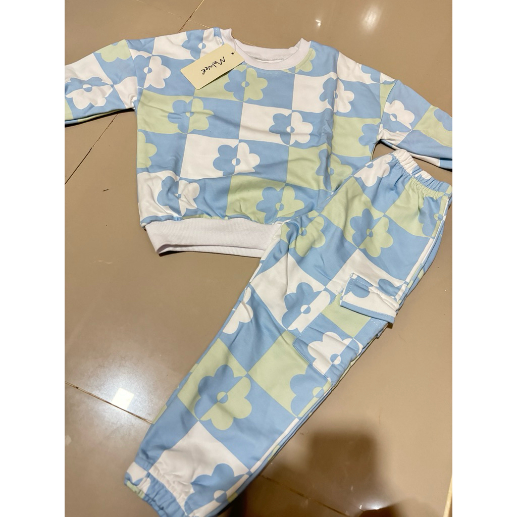 Set sweater malwee hijau biru putih anak 3-4 tahun