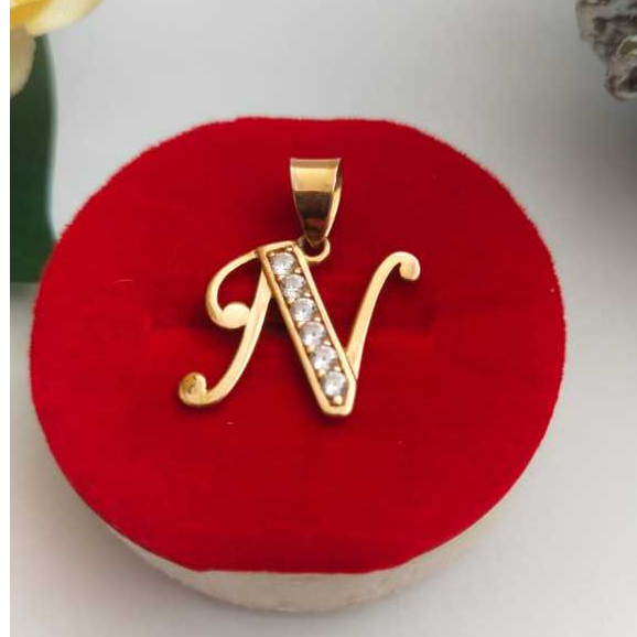 Tiara Jaya #Liontin Emas ASLI Wanita Dan Remaja Kalung Emas ASLI Dengan Intisial Huruf N Permata Put