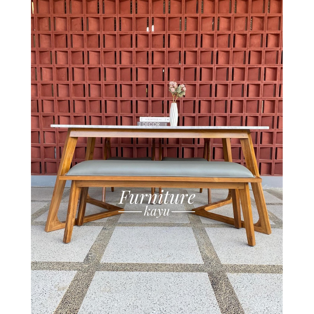 set meja makan kayu jati, meja makan top marmer kayu jati, meja makan kayu jati