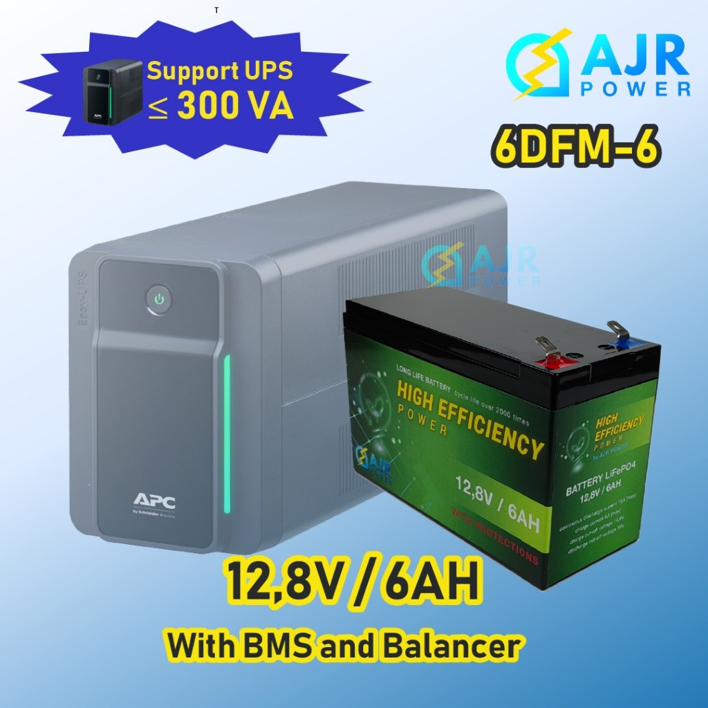 AKI ACCU UPS Lithium LiFePo4 6DFM6 AJR POWER 12V 12,8V 6AH dgn BMS dan BALANCER 700g awet