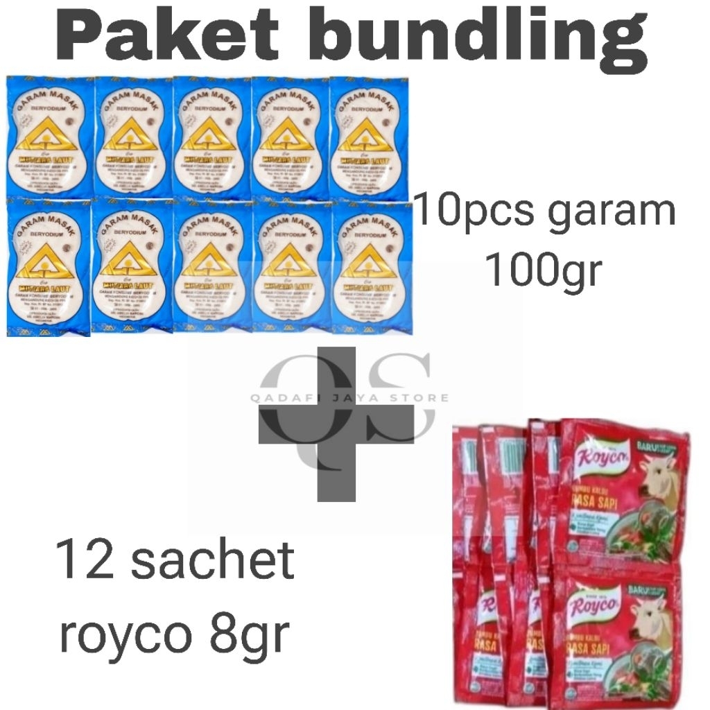 

Paket bundling 10pcs garam 100gr di tambah 12 sachet royco sapi/ayam 8gr