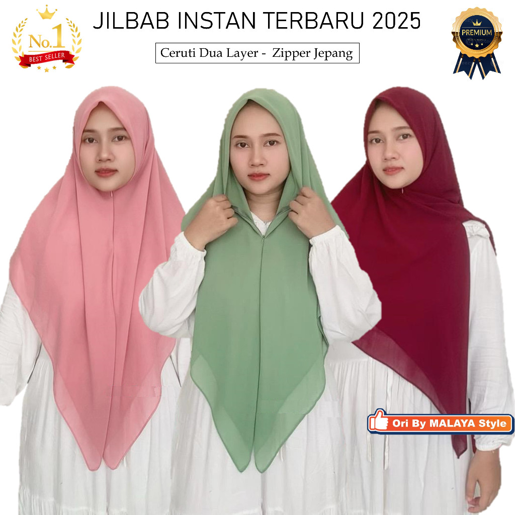 Jilbab Instan Terbaru Kekinian 2025 Ceruti Dua Layer Khimar Syari Hijab Zipper Resleting Premium